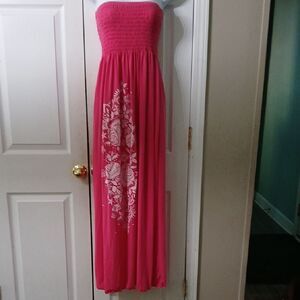 Smocked top pinkish mauve floral print maxi strapless dress Sz M EUC